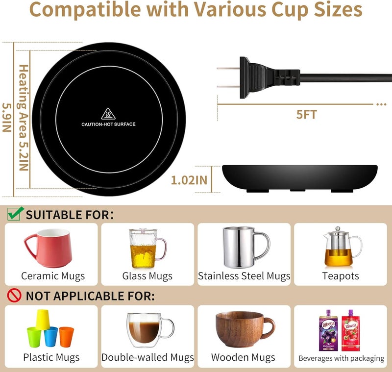 Unbreakable Coffee Mug Warmer for Desk 4H Auto Shut Off, Smart Coffee Cup Warmer with 3 Temperature Setting, Electric Mug Warmer Plate for Coffee, Milk, Tea (Black) - Image 4
